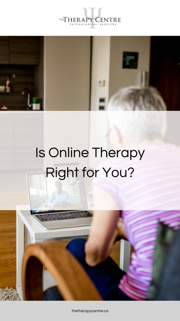 Elderly Woman Discussing having an online therapy session via computer - Is Online Therapy Right for You? Article by The Therapy Centre