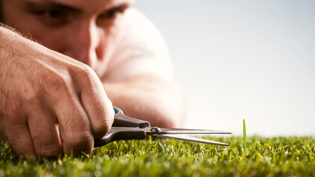 Man cutting the lawn with scissors - Perfectionism Therapy is available at The Therapy Centre with locations in Toronto, Oakville and Hamilton (GTA)