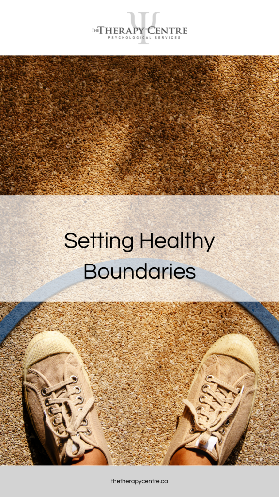 Feet inside a circle in the sand - Setting Healthy Boundaries - Article by The Therapy Centre with locations in Toronto, Oakville, Hamilton and Virtual